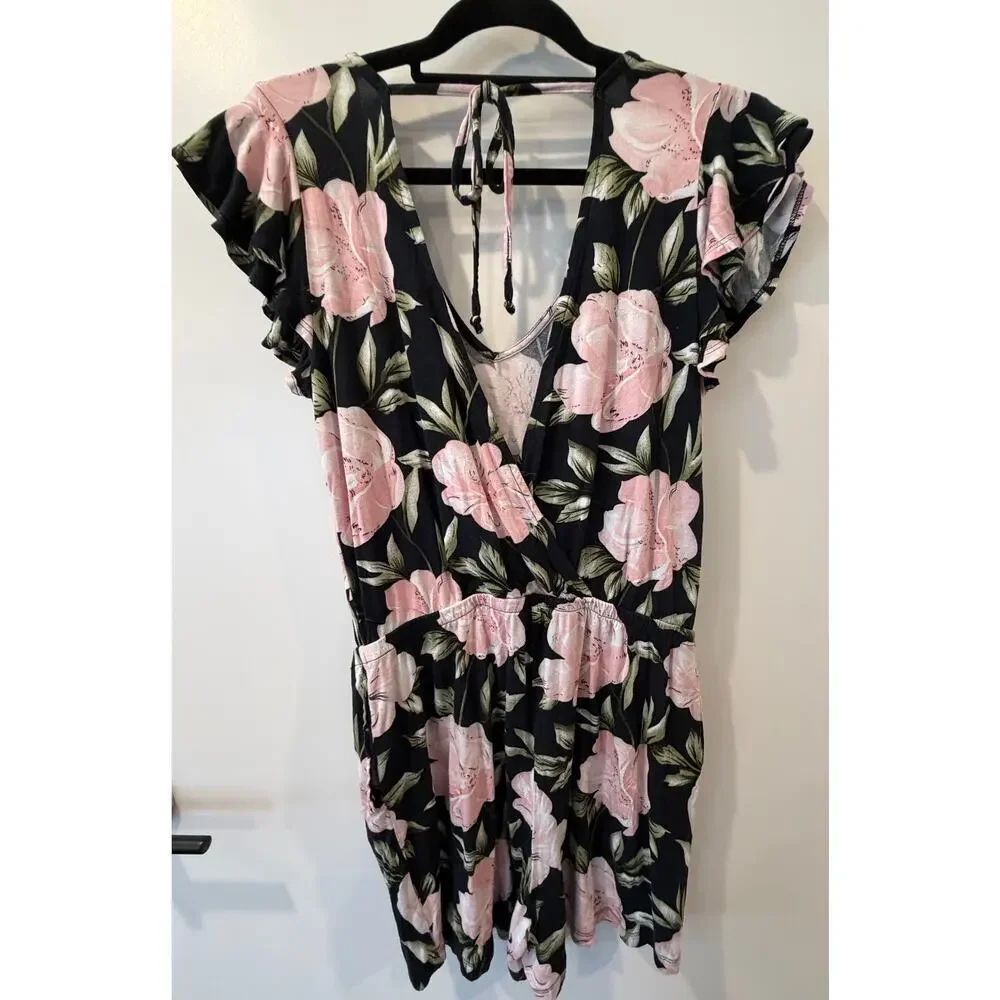 Lascana Black Floral Romper Womens US 4 Flutter Sleeve Shorts One Piece